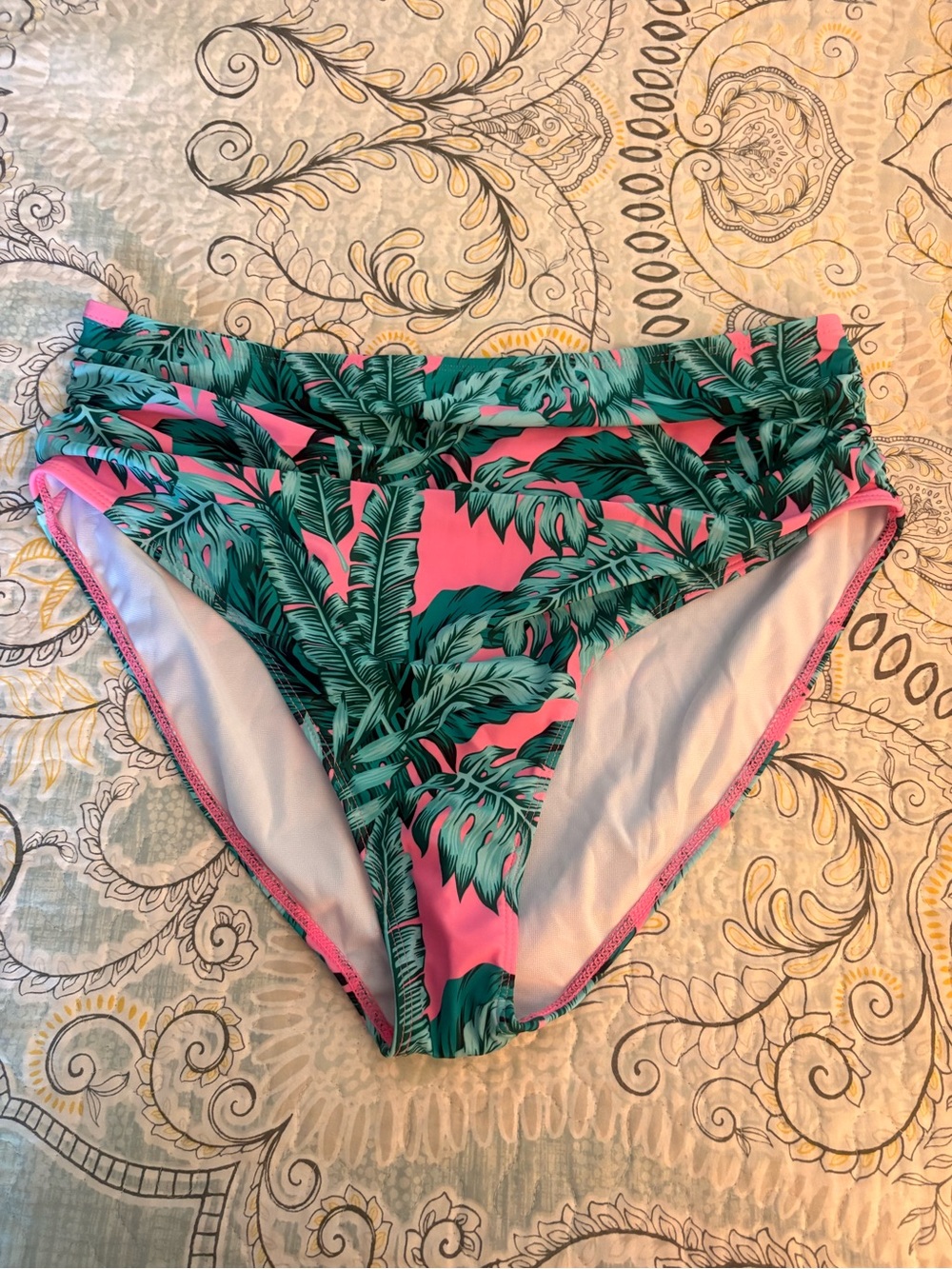 SHEIN Pink Bikini Bottoms with Teal Palm Print